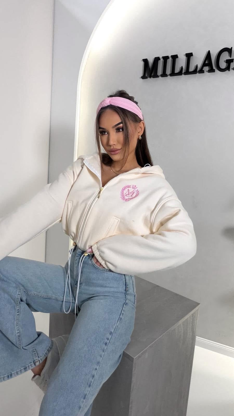 Sweatshirt Millagro mit Reisverschluss und Kapuze | Creme- Pink