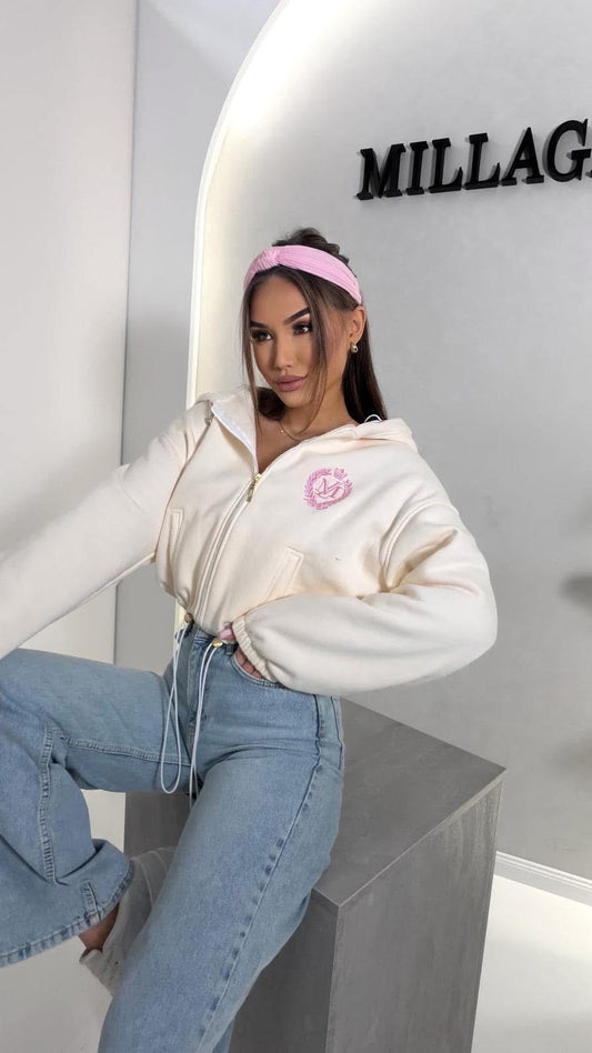 Sweatshirt Millagro mit Reisverschluss und Kapuze | Creme- Pink