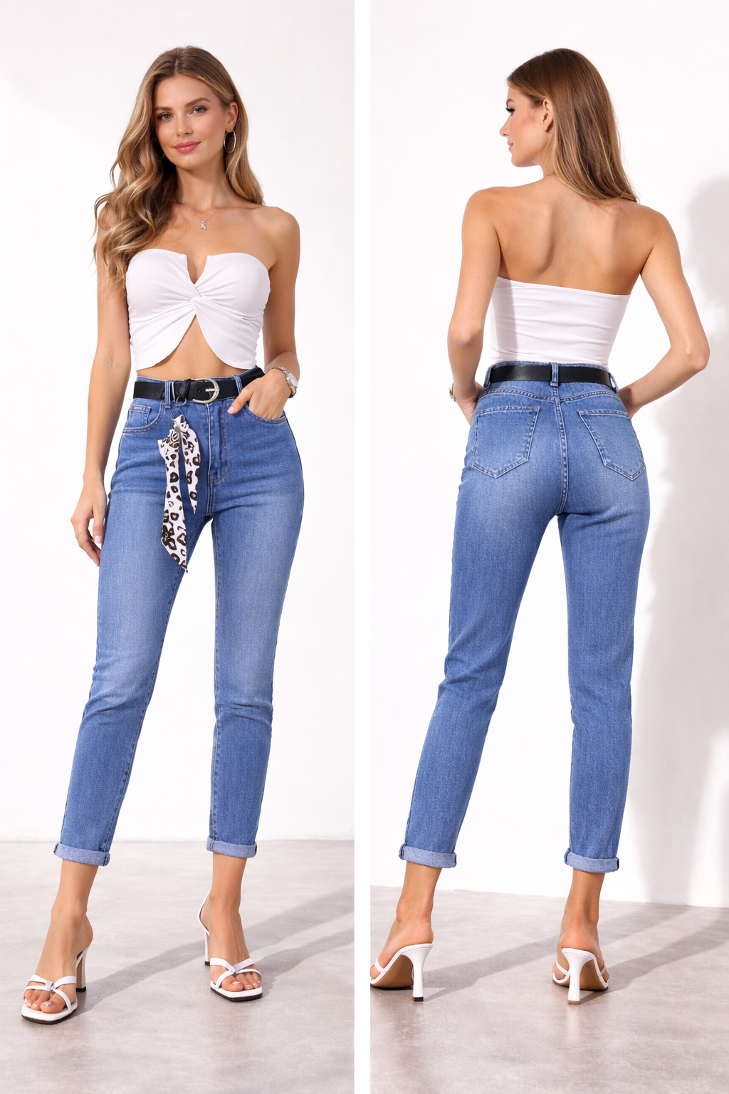 Damen High Waist Jeans Slim Fit- Mittelblaue Stretch Jeans