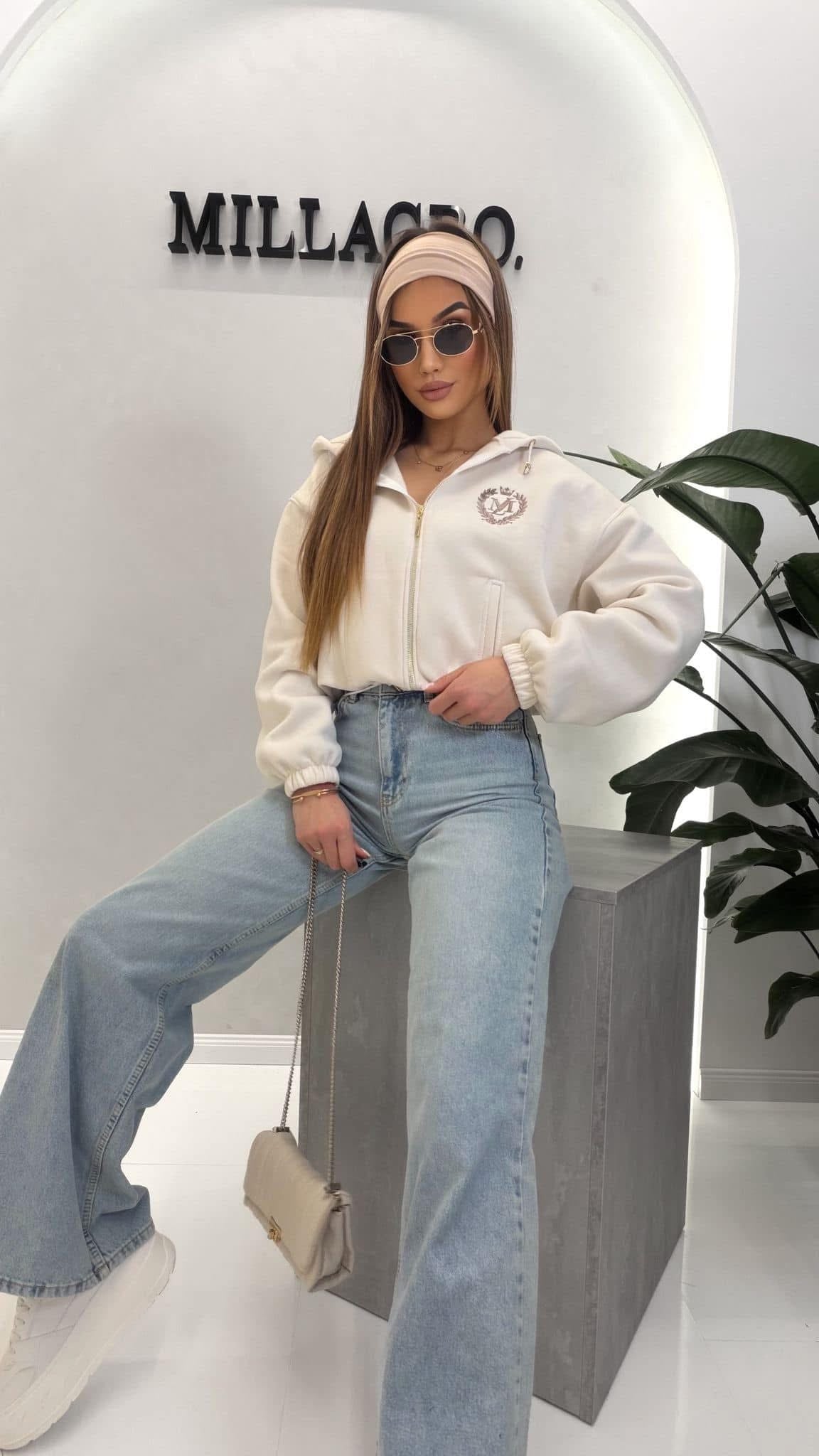 Sweatshirt Millagro mit Reisverschluss und Kapuze | Creme- Beige