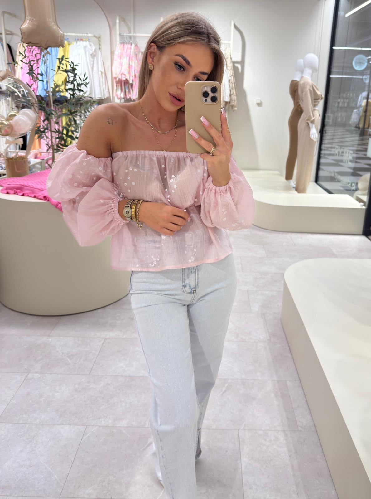 Off- Schoulder Damenbluse Blumen Rosa