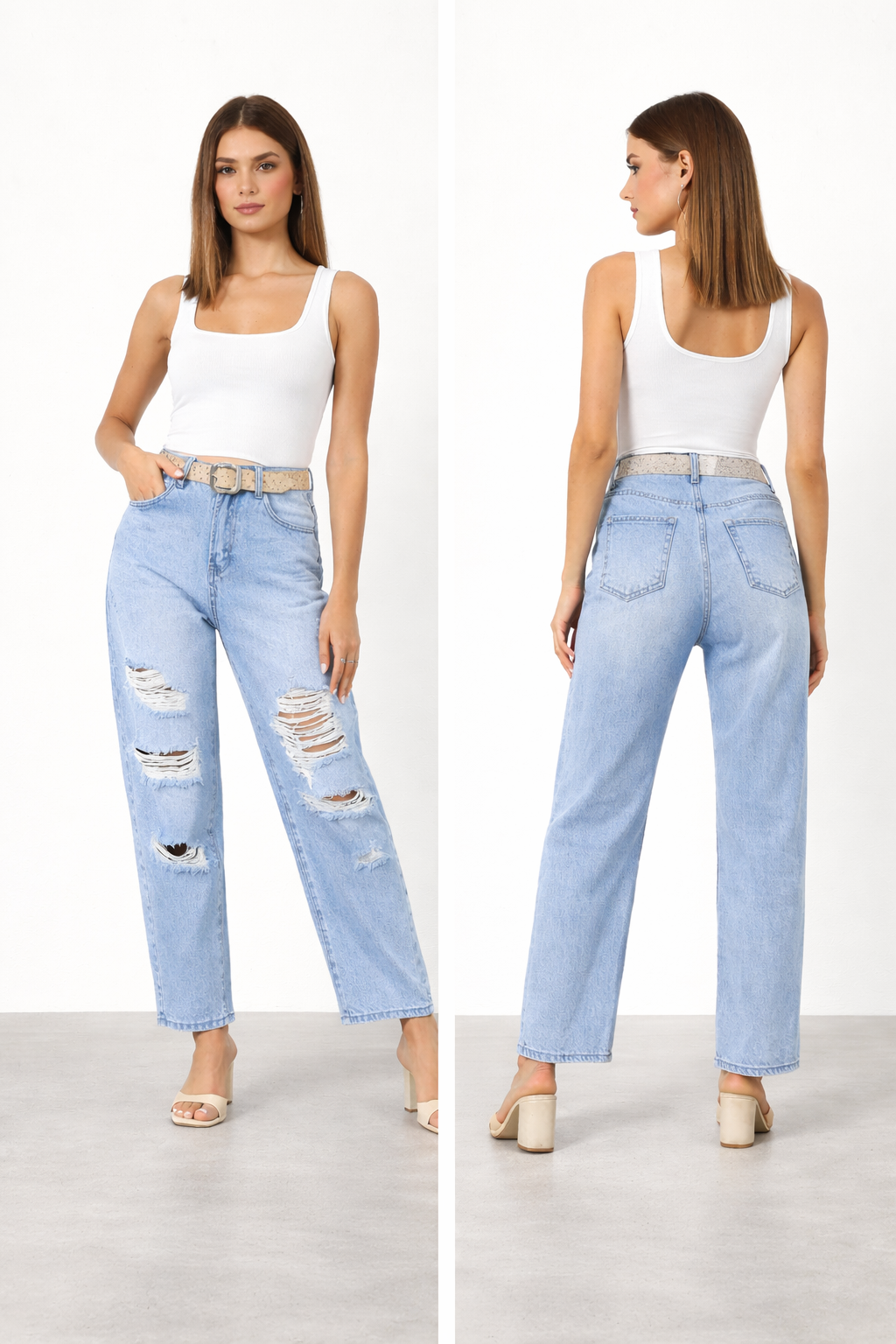 High Waist Jeans weite Beine mit Abschürfungen