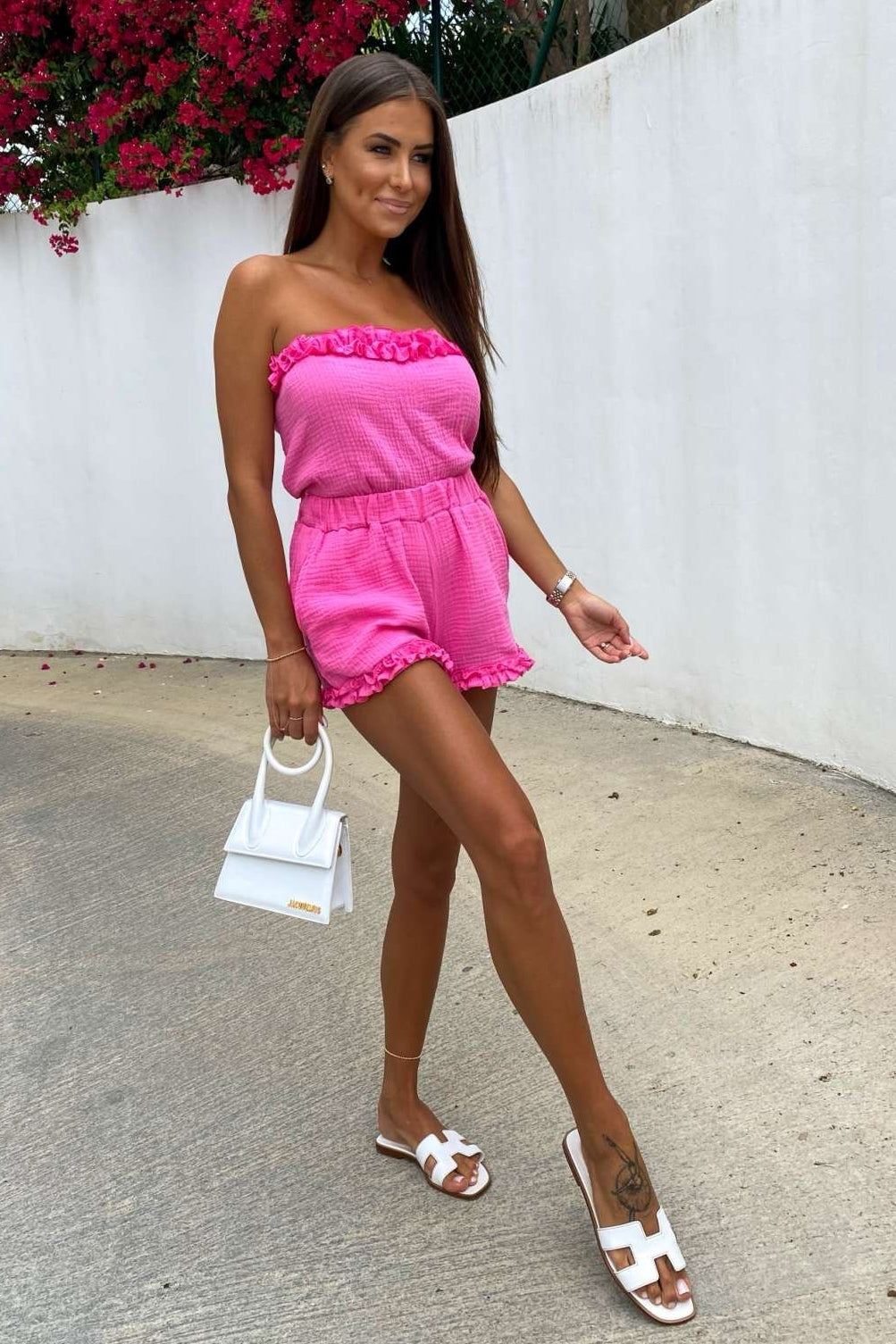 Zweiteiler aus Musselin mit Shorts- Fuchsie