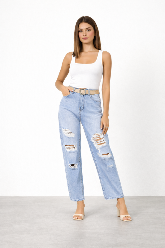 High Waist Jeans weite Beine mit Abschürfungen