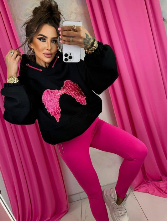 Damen Sweatshirt Hoodie Kapuzenpulli mit Flügel | Schwarz