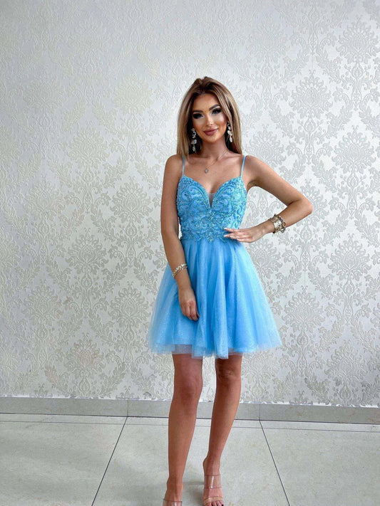 Abendkleid hellblau Glitzer