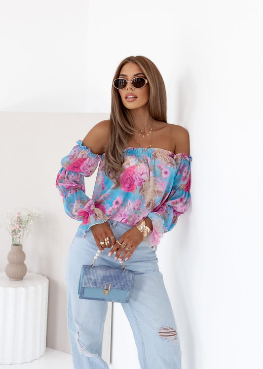 Off- Schoulder Damenbluse blau- Blumen