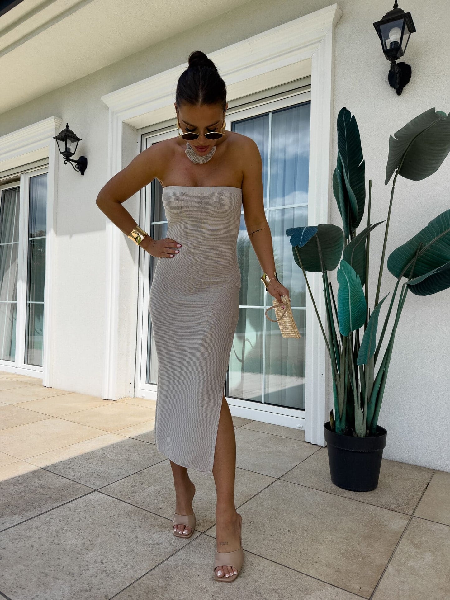 Damenkleid SPAIN Mit Blumen Taupe
