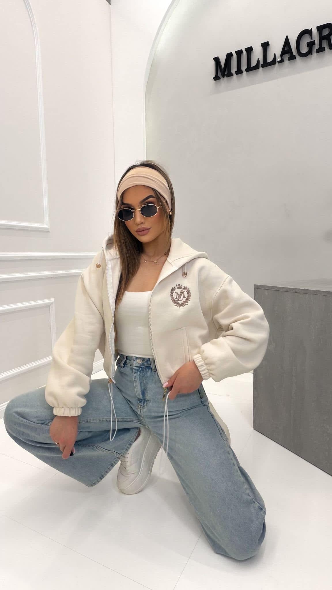 Sweatshirt Millagro mit Reisverschluss und Kapuze | Creme- Beige