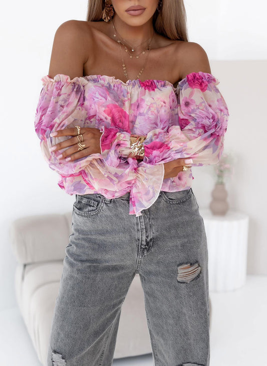 Off- Schoulder Damenbluse lila- Blumen