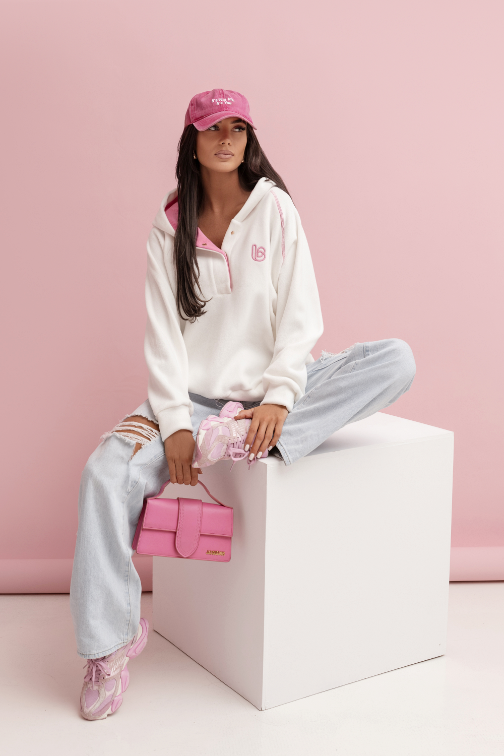 Fleece- Sweatshirt mit Kapuze | Ecru- Rosa