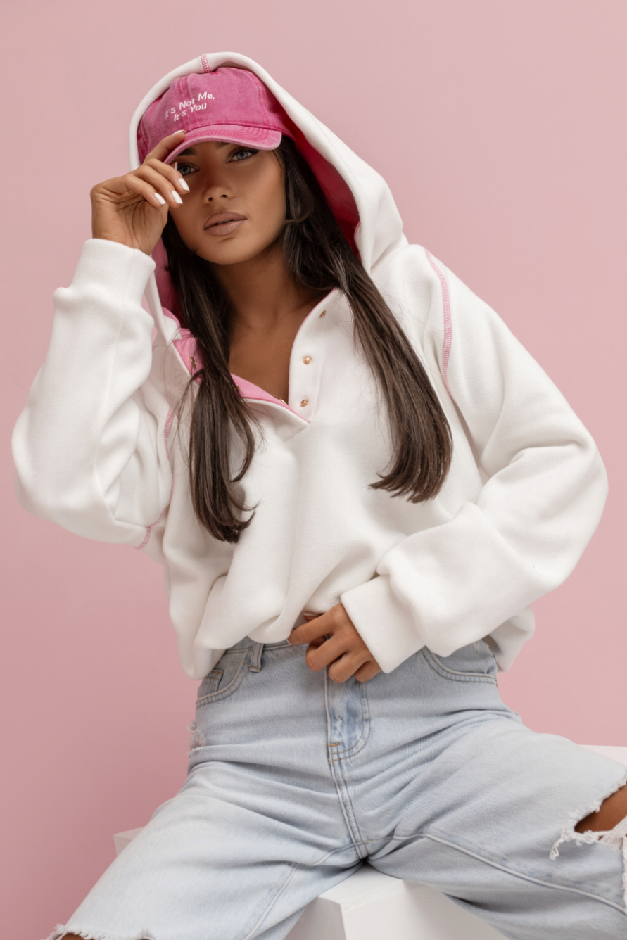 Fleece- Sweatshirt mit Kapuze | Ecru- Rosa
