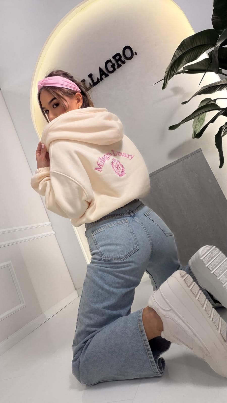 Sweatshirt Millagro mit Reisverschluss und Kapuze | Creme- Pink