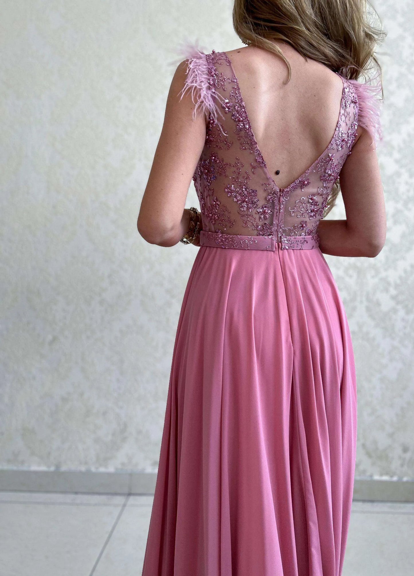 Maxikleid mit Glitzer Oberteil und Chiffon- Rock Rosa Größe 40