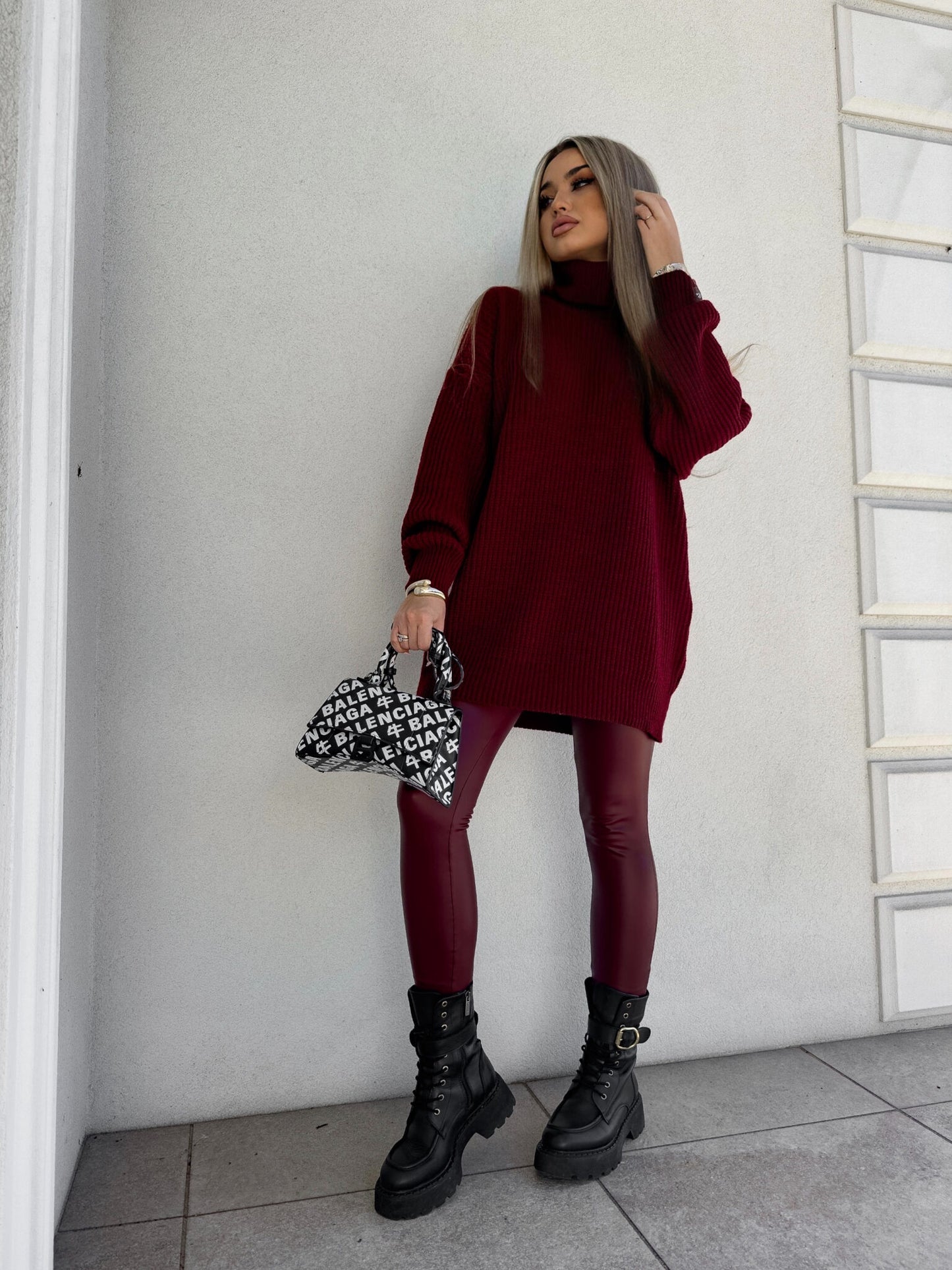 Damen Rollkragenpullover Burgundrot Lang