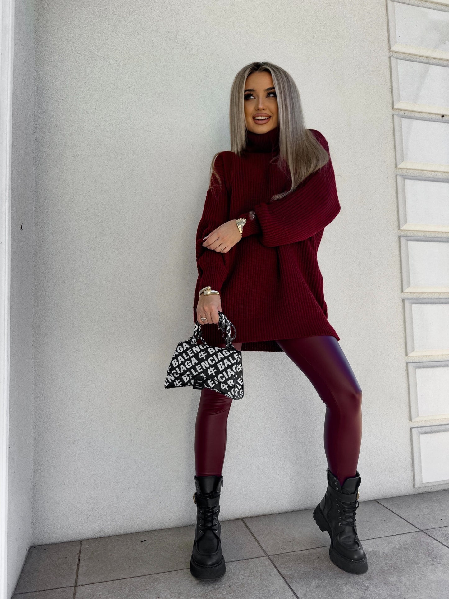 Damen Rollkragenpullover Burgundrot Lang