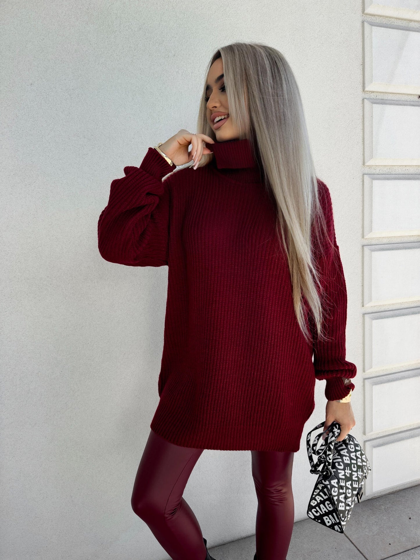 Damen Rollkragenpullover Burgundrot Lang