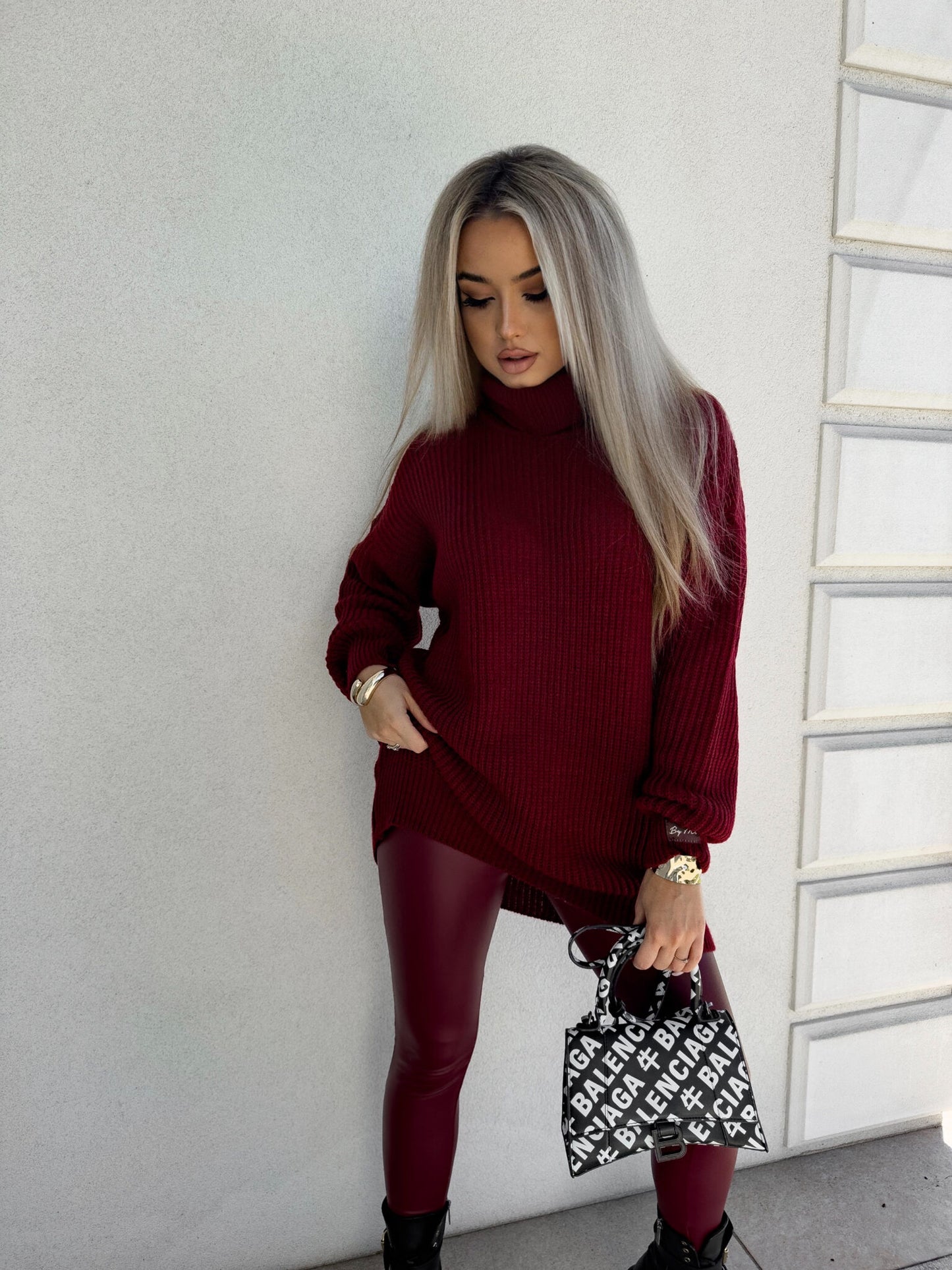 Damen Rollkragenpullover Burgundrot Lang