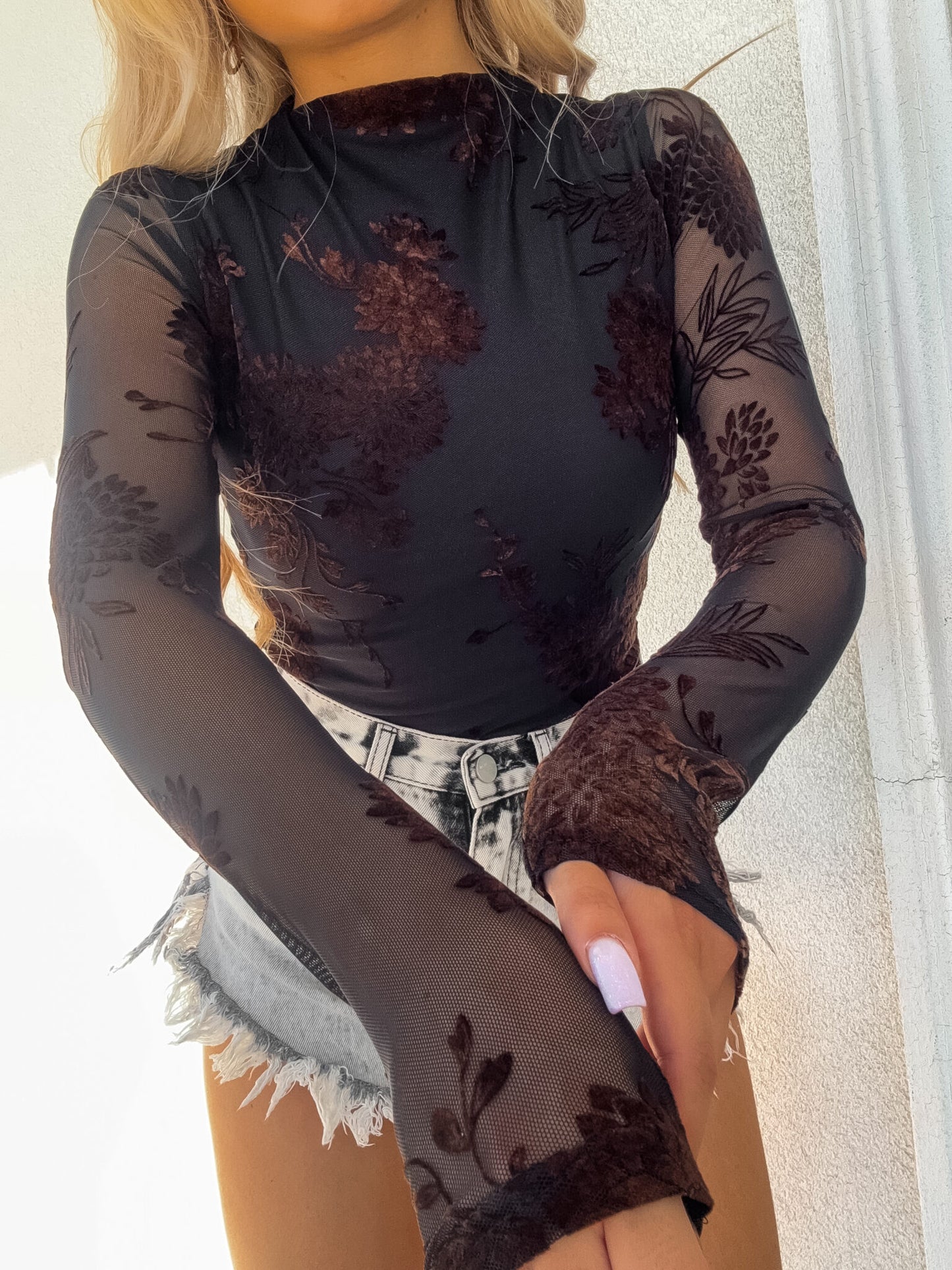 Damenbluse SKIN transparent print flock – schwarz- Schoko