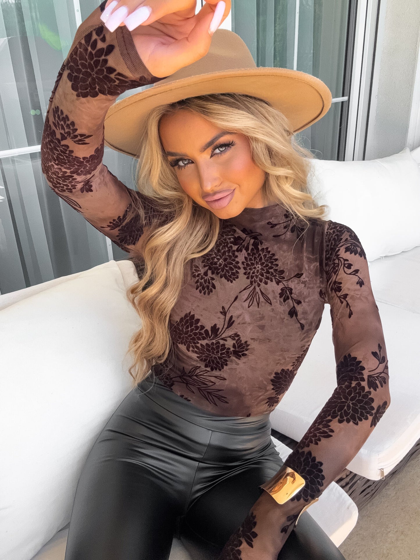 Damenbluse SKIN TRANSPARENT PRINT FLOCK – SCHOKOBRAUN