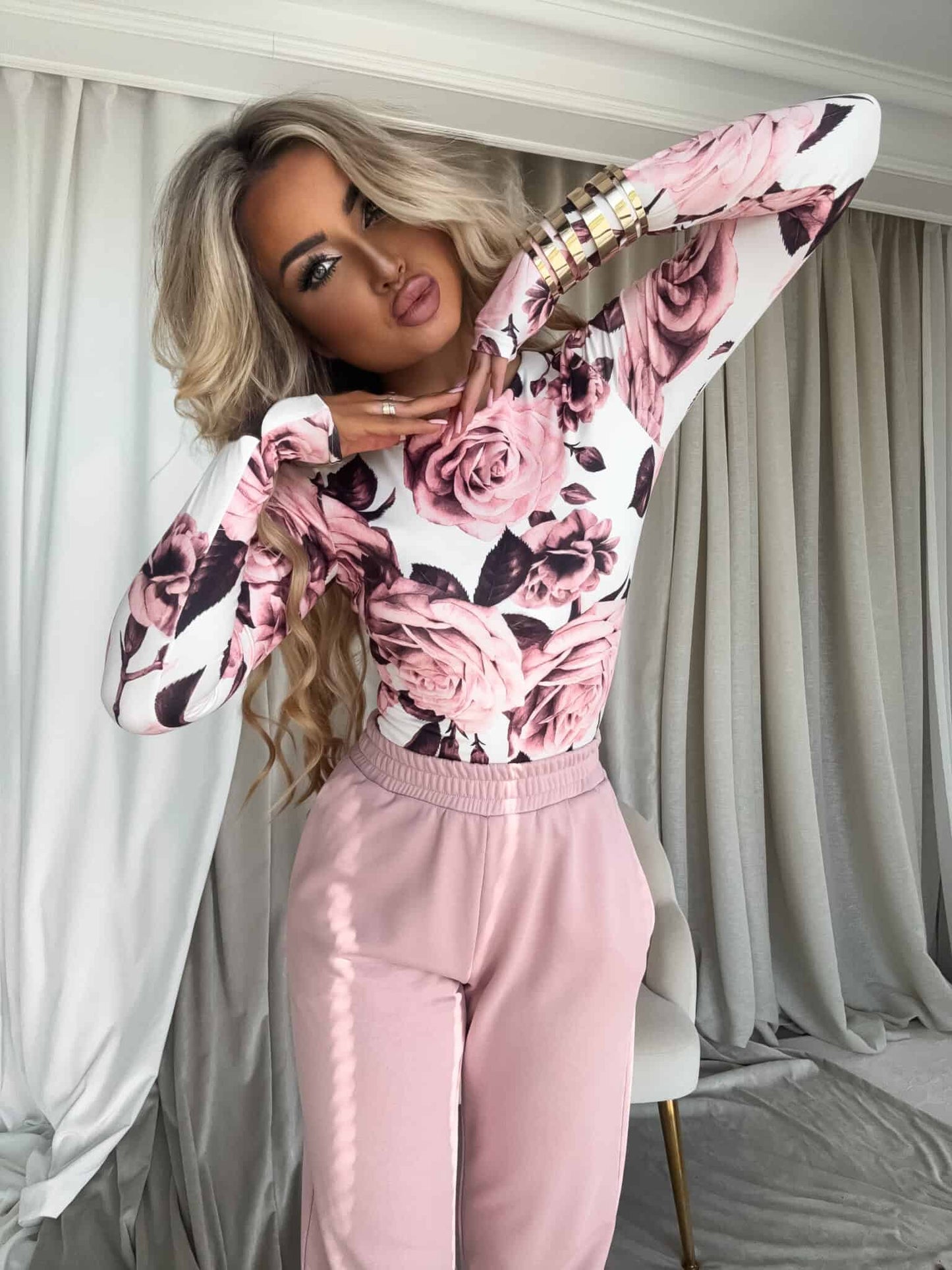 Damenbluse LINDA Blumen- weiß-rosa