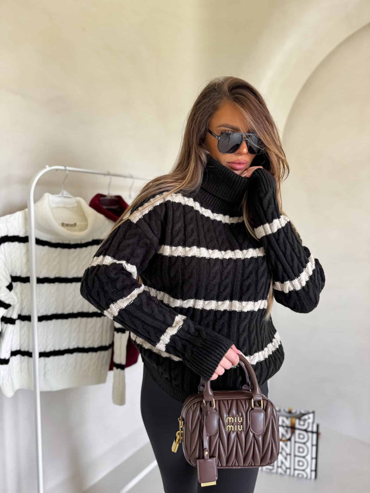 Rollkragenpullover INKO Streifen - schwarz -beige