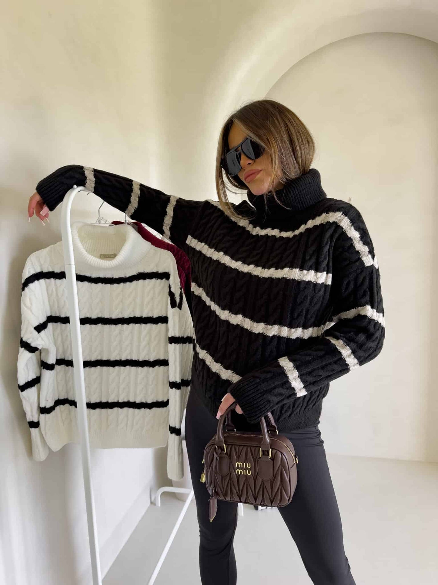 Rollkragenpullover INKO Streifen - schwarz -beige