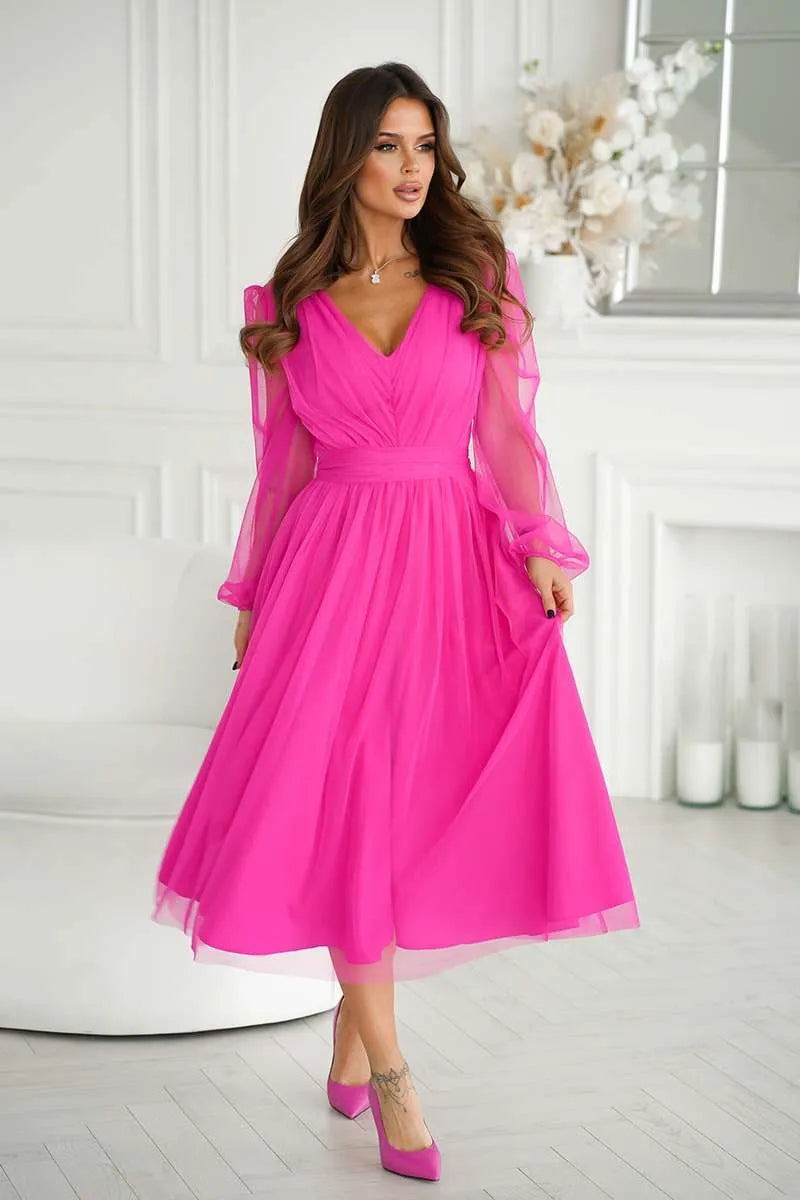 Midi Kleid mit Lange Ärmel Fuchsie