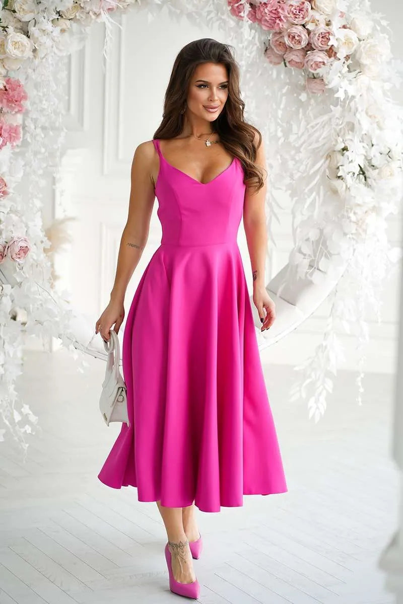 Midi Kleid Rosa mit dünnen Trägern Rückenfrei