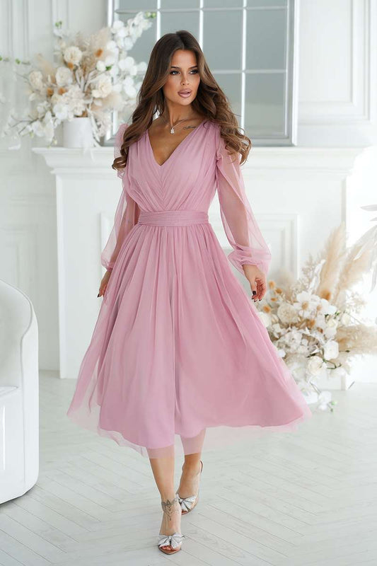 Abendkleid Midi Rosa mit Glitzer Tüll