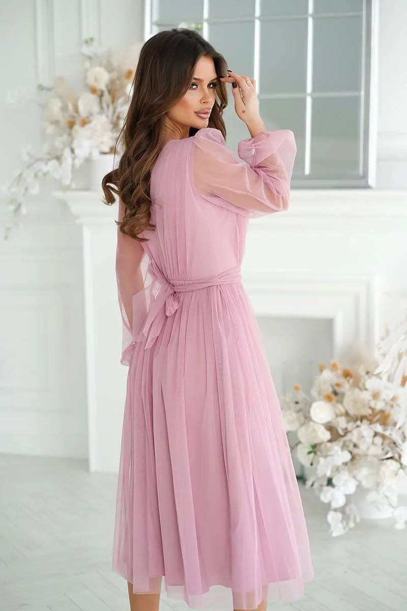 Abendkleid Midi Rosa mit Glitzer Tüll