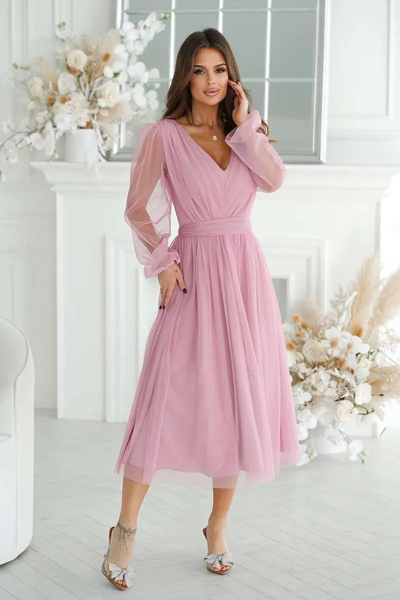 Abendkleid Midi Rosa mit Glitzer Tüll