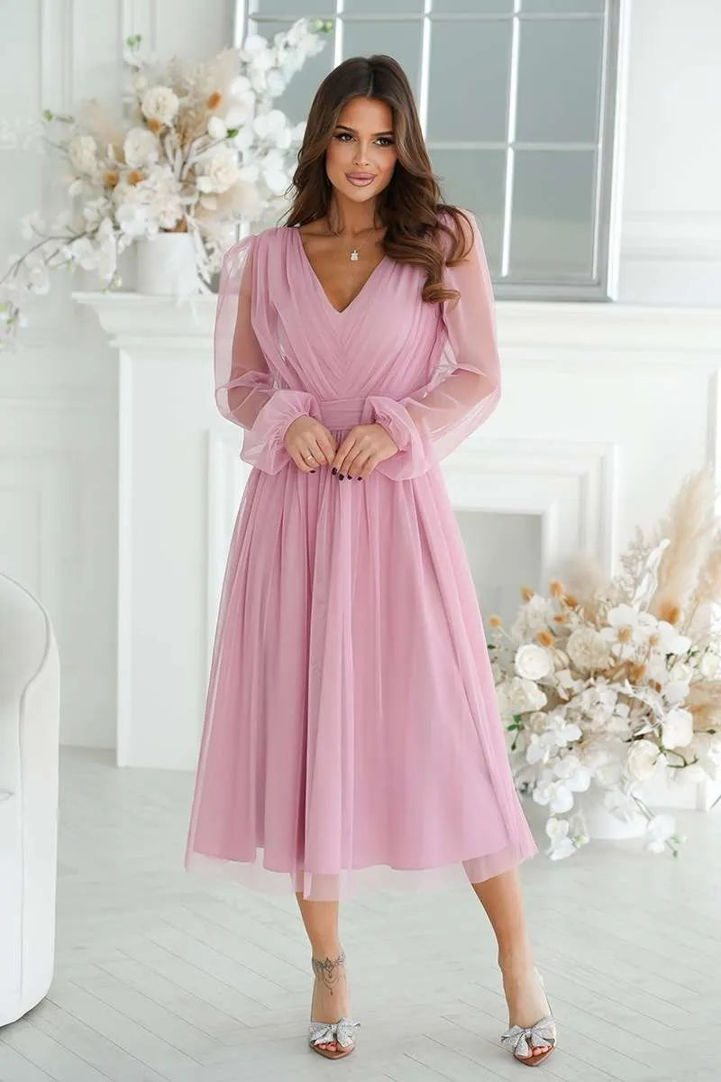 Abendkleid Midi Rosa mit Glitzer Tüll