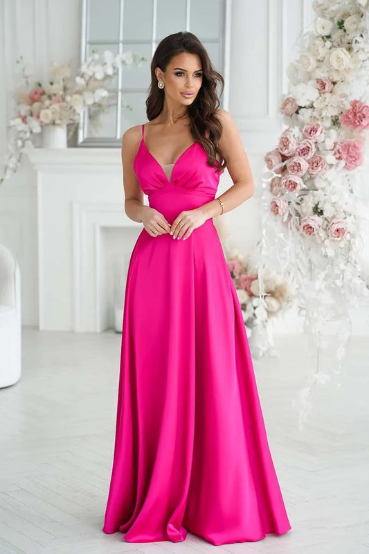 Langes Satin Kleid Brautjungfer Fuchsie Farbe